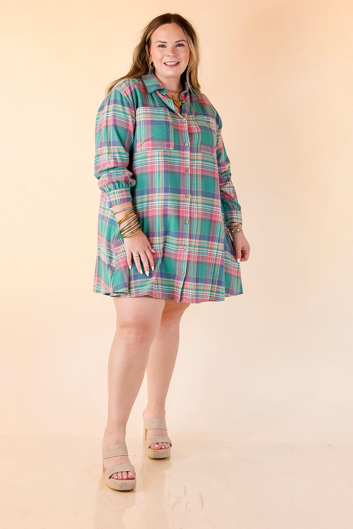 Vibrant Lifestyle Plaid Button Up Dress in Teal and Pink