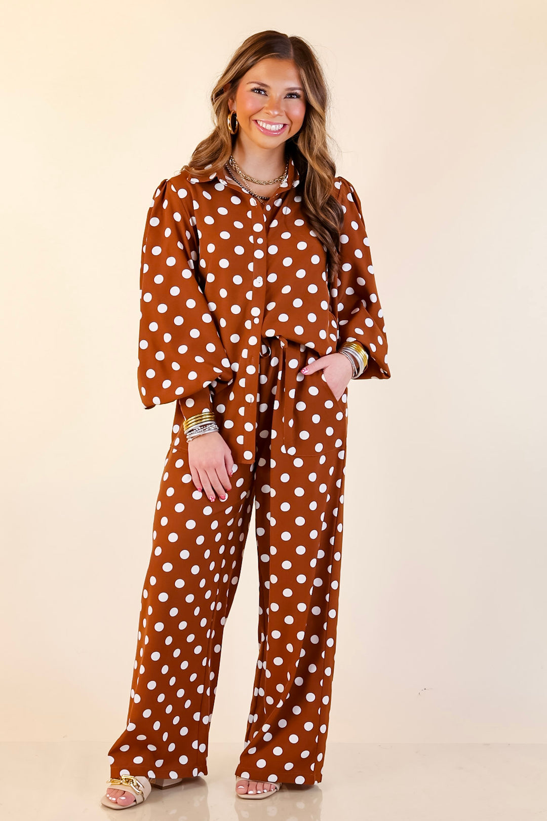 Better Together Polka Dot Button Up Collared Top with Poofy Sleeves in Brown