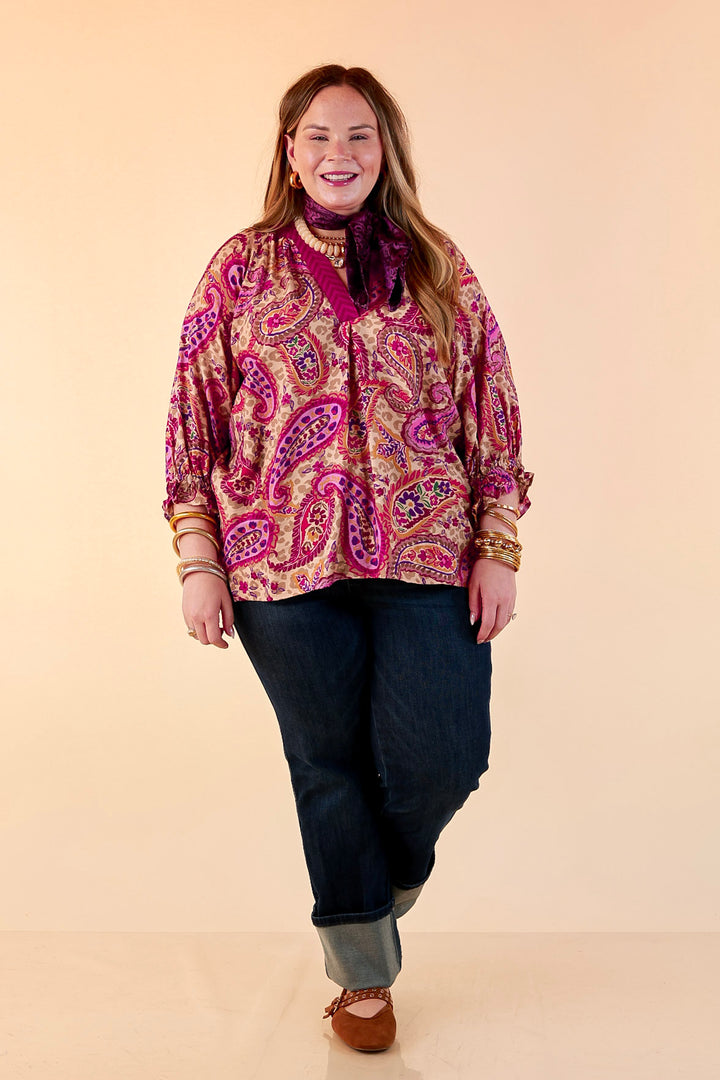 Caught My Eye Ruffle Contrast Stripe Detail Neck Balloon Sleeve Paisley Print Blouse in Fuchsia Pink Multi