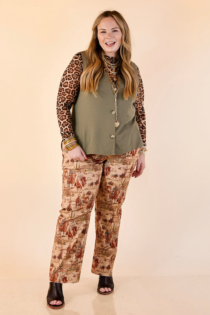 Story of the West Straight Leg Raw Hem Western Print Pants in Taupe Brown