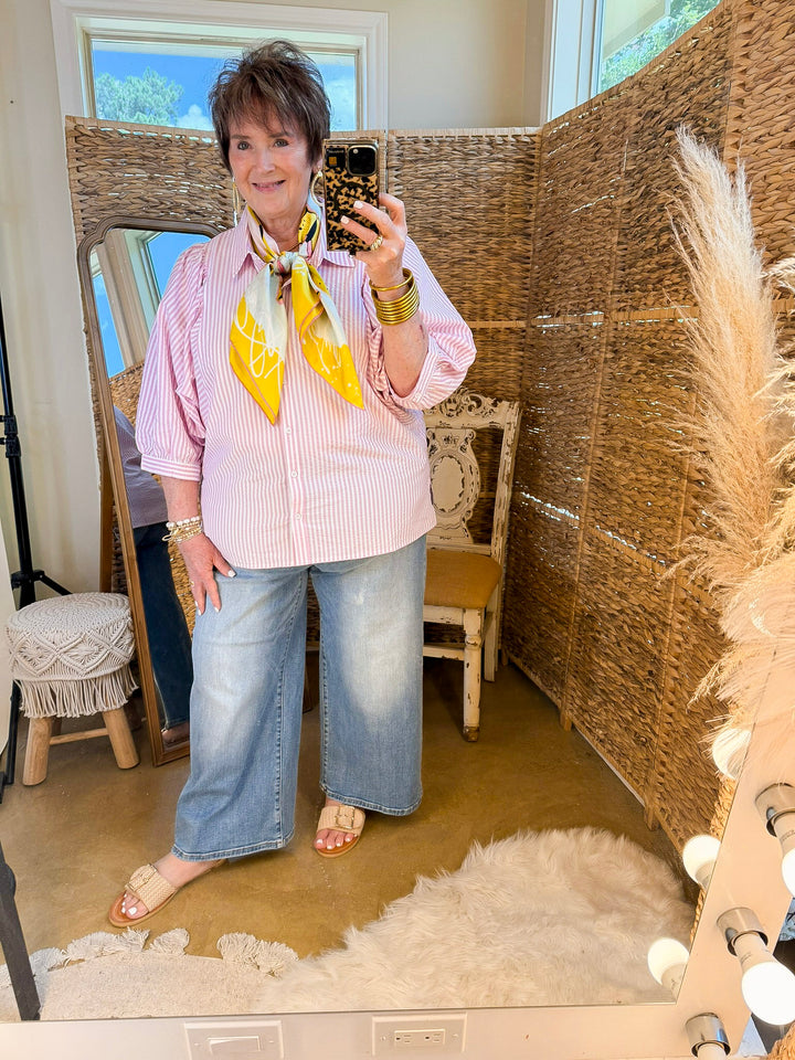 Crisp and Collected Stripe Button Front Collared Top with Puff Short Sleeves in Pink and White