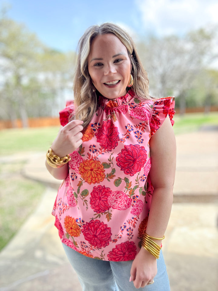 Blossom Breeze Floral Print Ruffle Cap Sleeve Top in Pink - Giddy Up Glamour Boutique