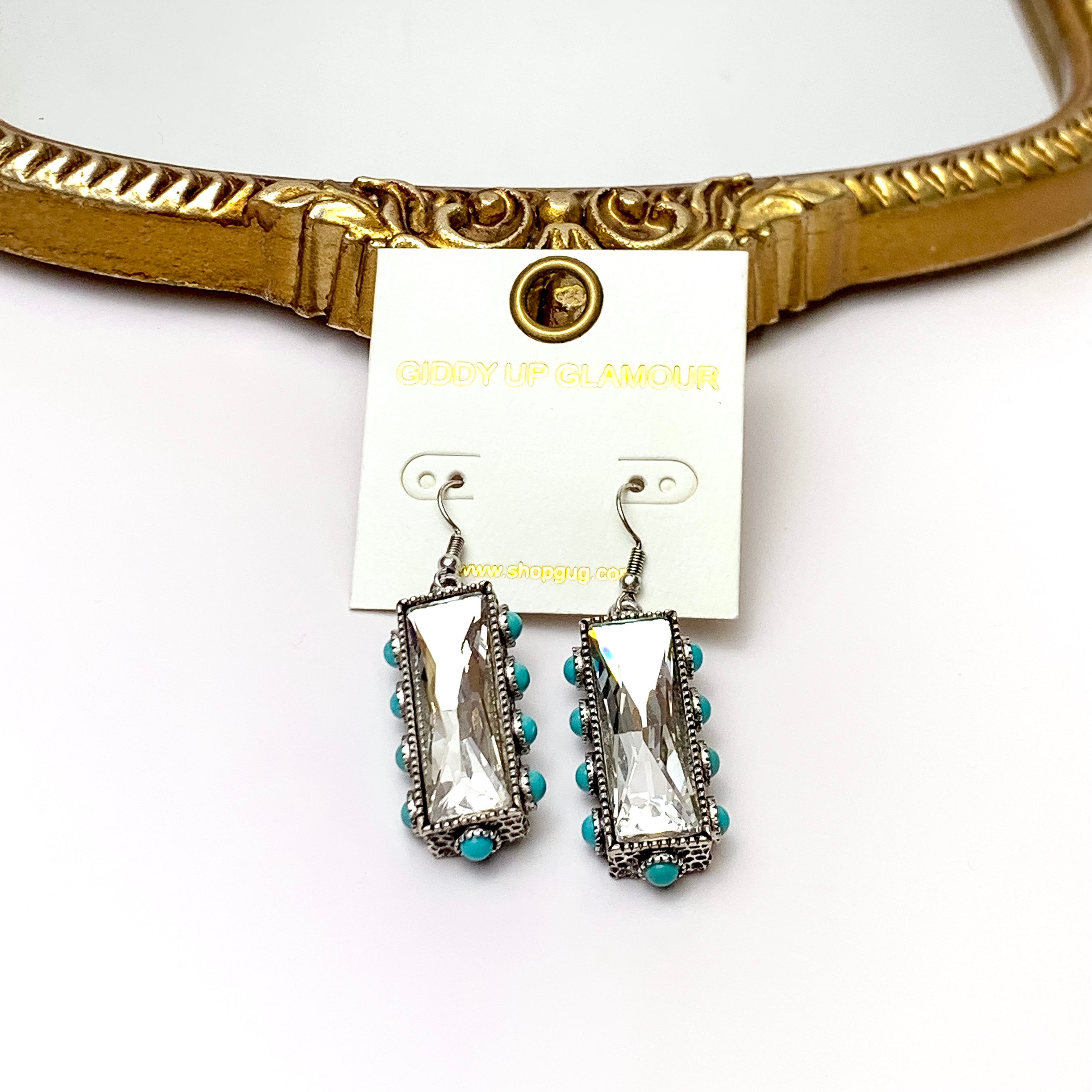 Clear Crystal Bar Drop Earrings with Faux Turquoise Border Accents - Giddy Up Glamour Boutique