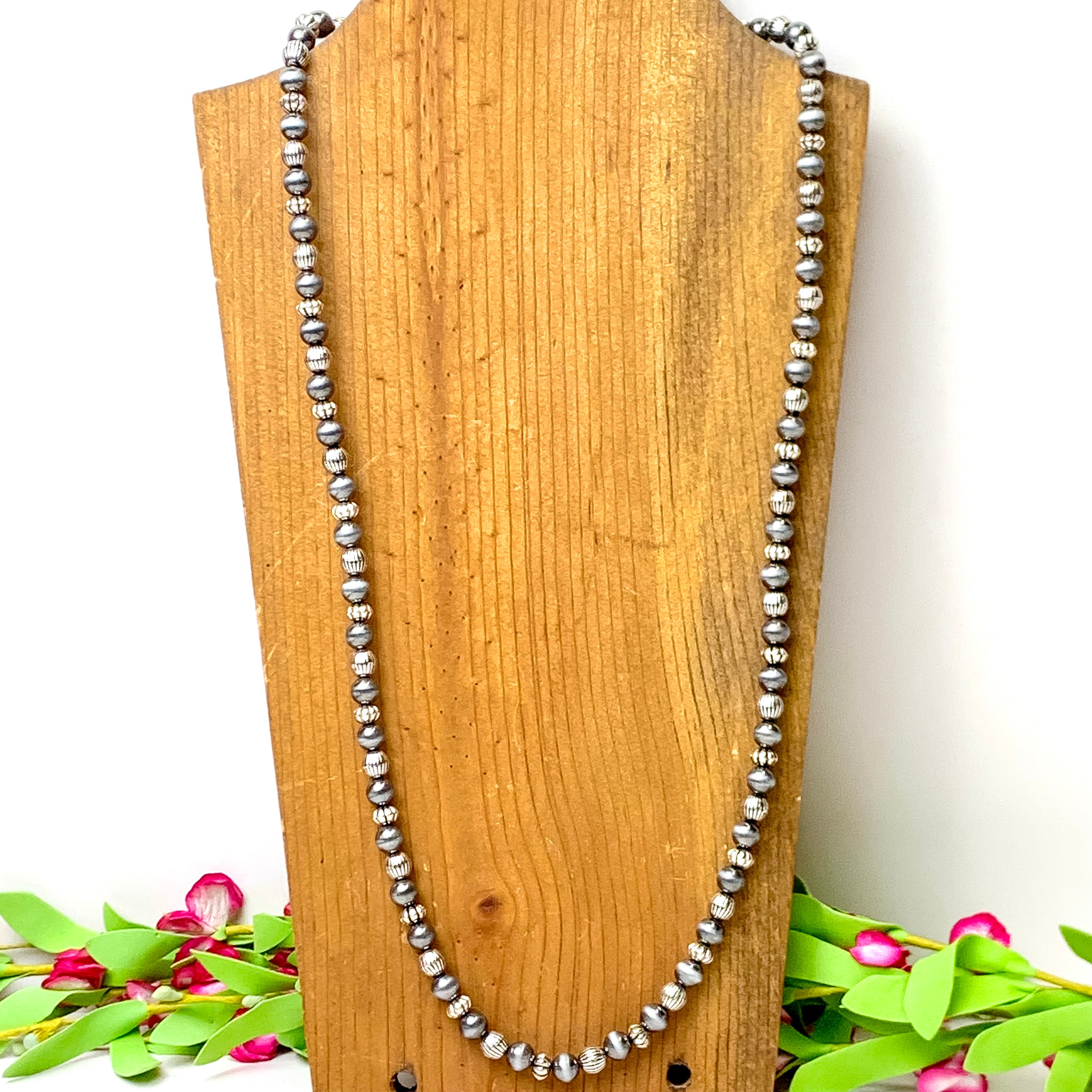 Long Faux Navajo Pearl Necklace with Corrugated Spacers in Silver Tone - Giddy Up Glamour Boutique