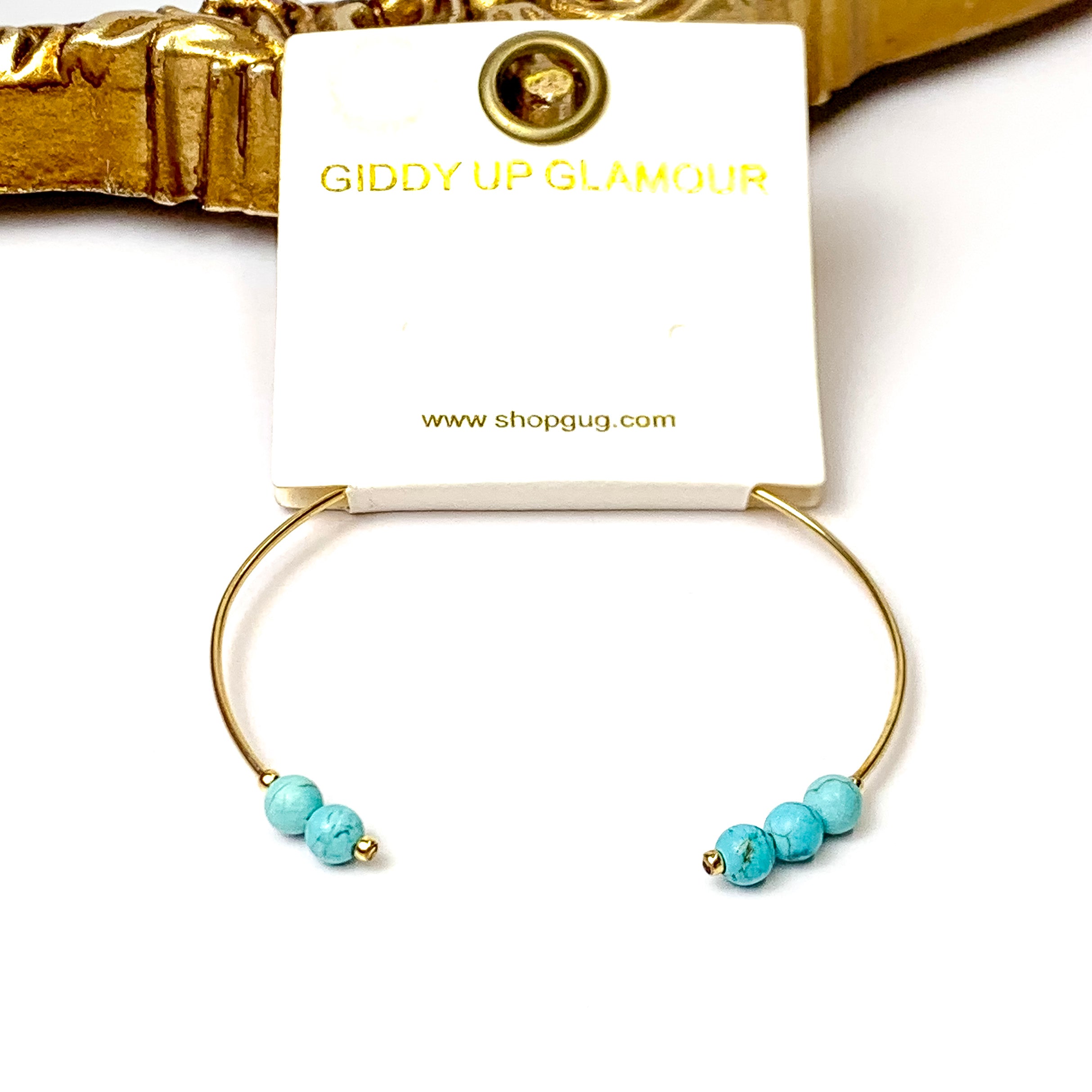 Thin Wire Bangle with Beaded Turquoise Ends in Gold Tone - Giddy Up Glamour Boutique