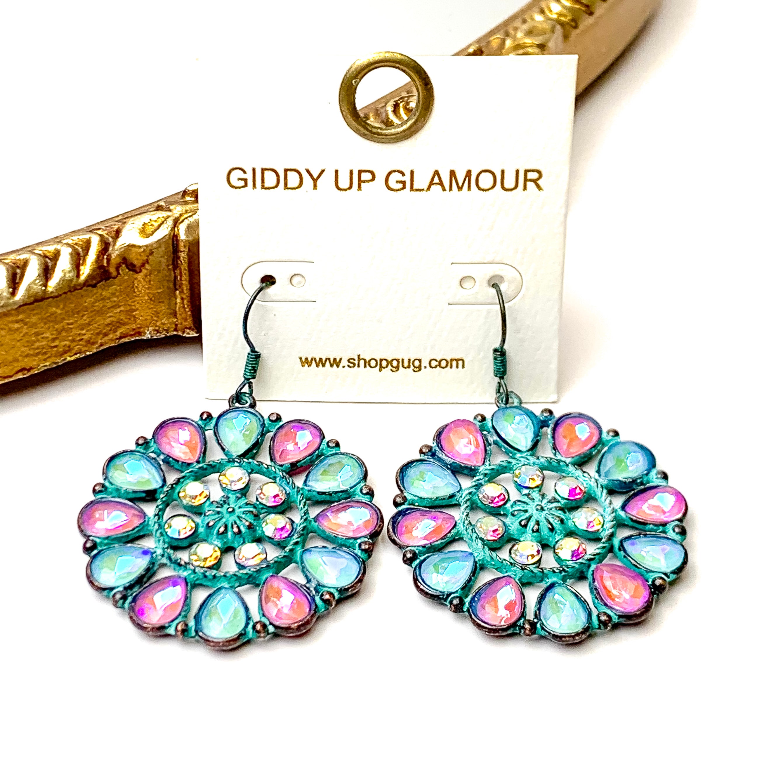 Desert Daisy Patina Tone Flower Concho Drop Earrings in Pink and Turquoise - Giddy Up Glamour Boutique