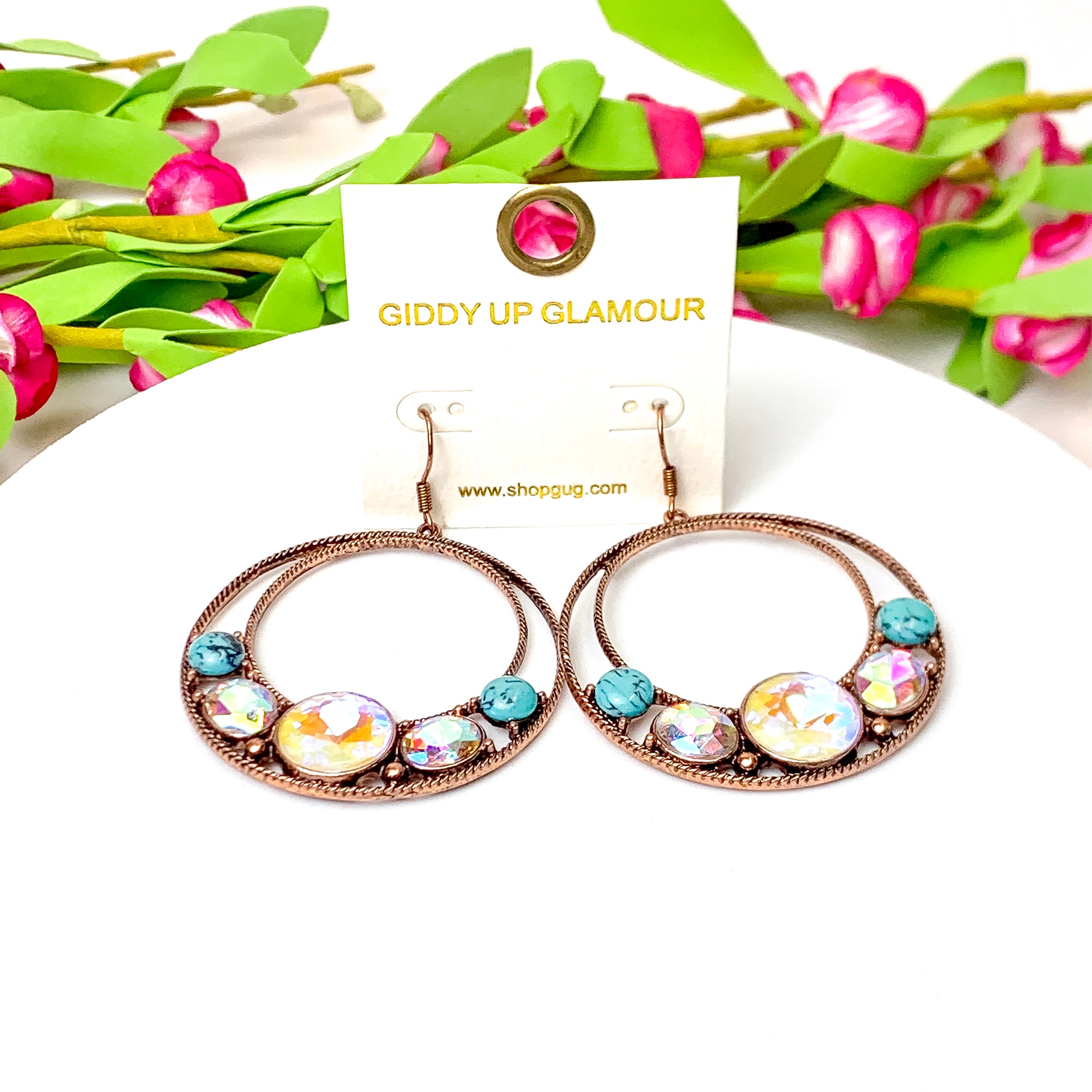 Ethereal Edge Copper Tone Circle Drop Earrings with Faux Turquoise Stones in Ivory