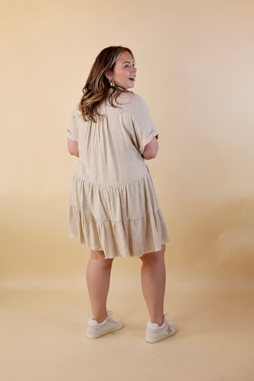 Taos Transitions Ruffle Tiered Collared Dress with Frayed Hem in Beige - Giddy Up Glamour Boutique