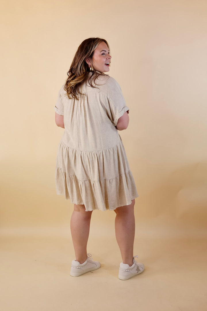 Taos Transitions Ruffle Tiered Collared Dress with Frayed Hem in Beige - Giddy Up Glamour Boutique