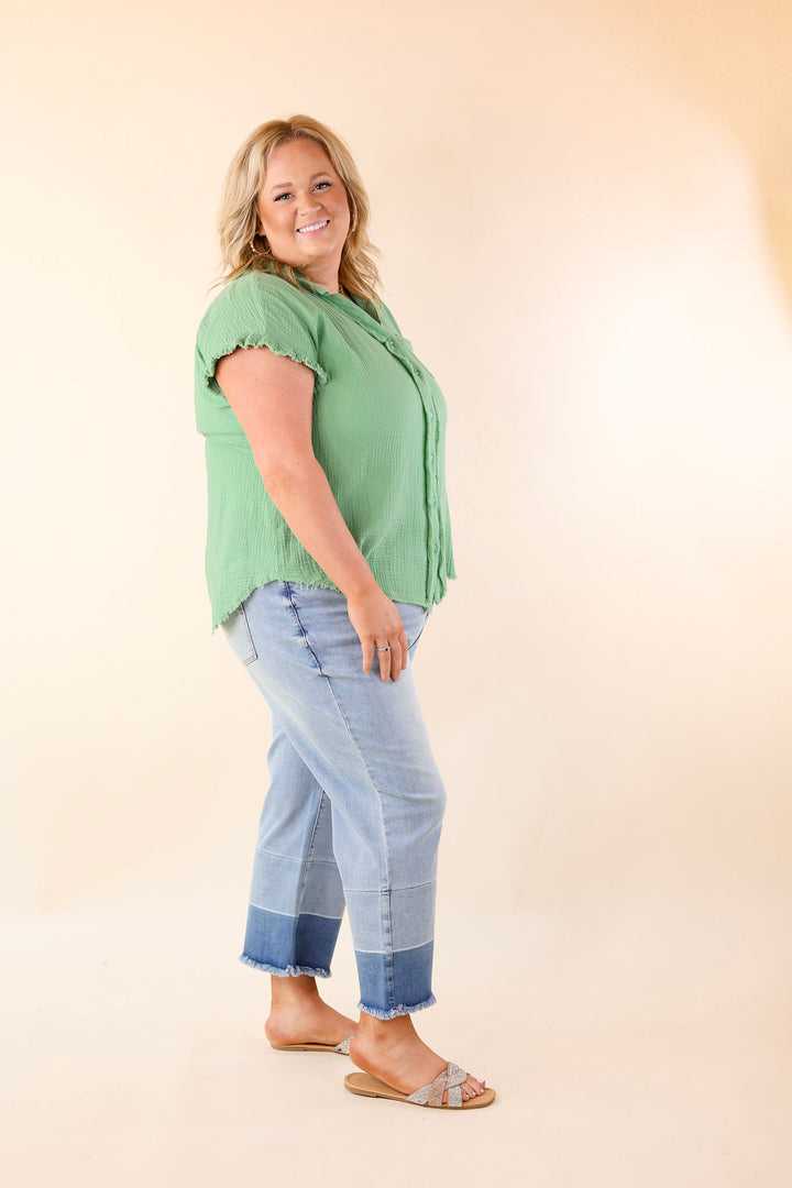 Right On Cue Button Up Raw Hem Top in Spring Green - Giddy Up Glamour Boutique