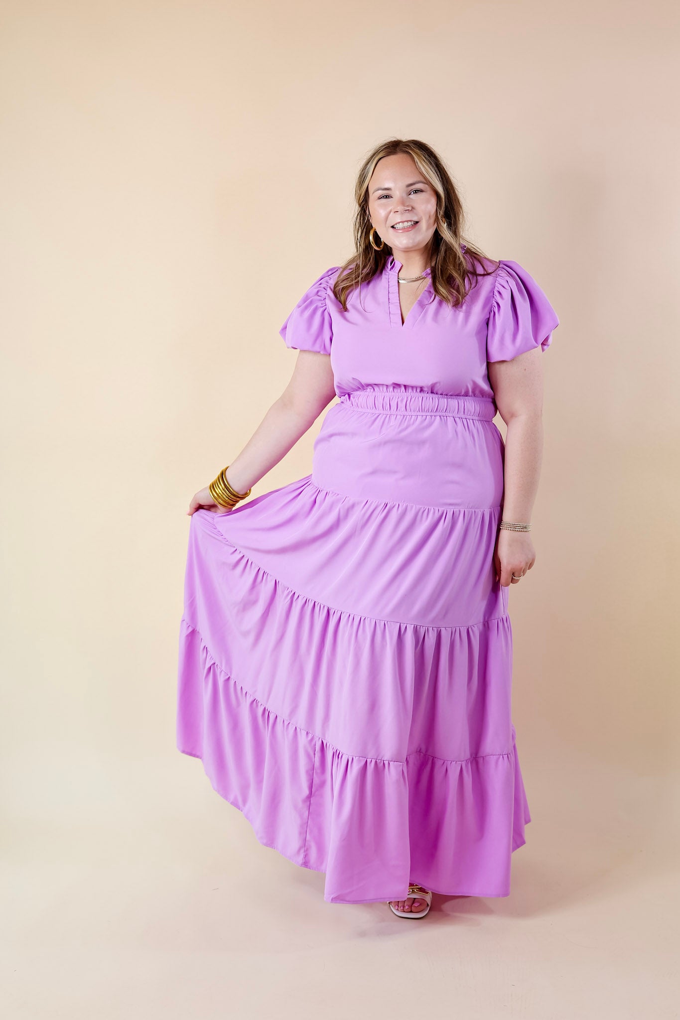 Table for Two Tiered Maxi Dress with Puff Sleeves in Lavender Purple - Giddy Up Glamour Boutique