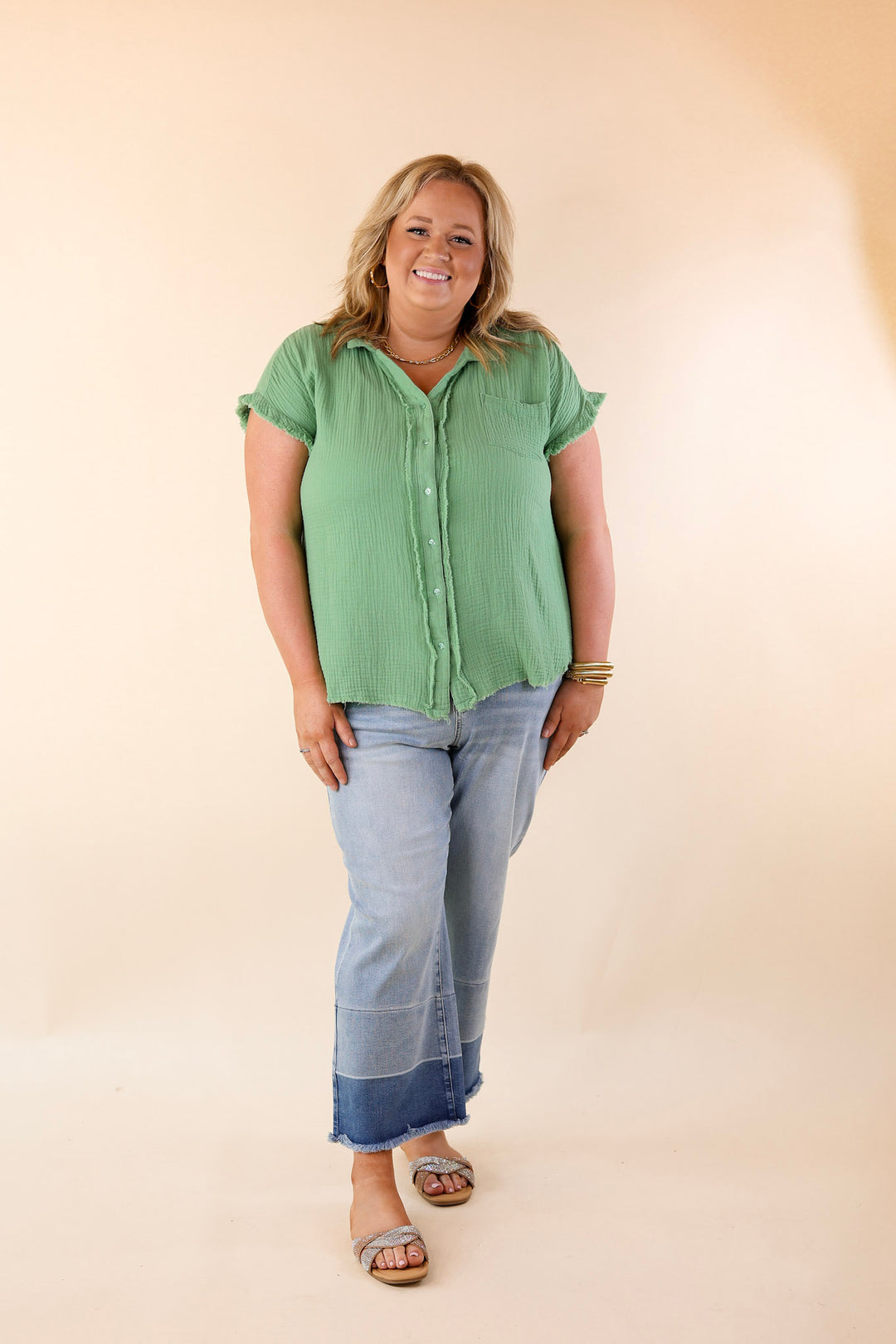Right On Cue Button Up Raw Hem Top in Spring Green - Giddy Up Glamour Boutique