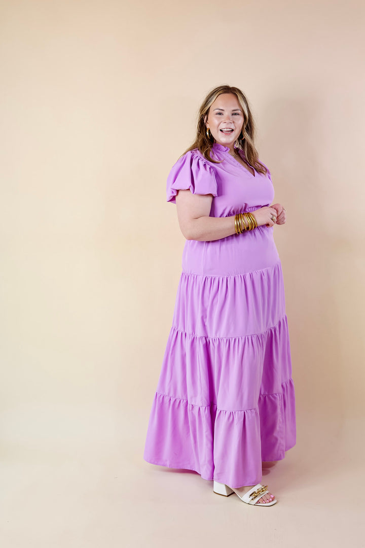 Table for Two Tiered Maxi Dress with Puff Sleeves in Lavender Purple - Giddy Up Glamour Boutique