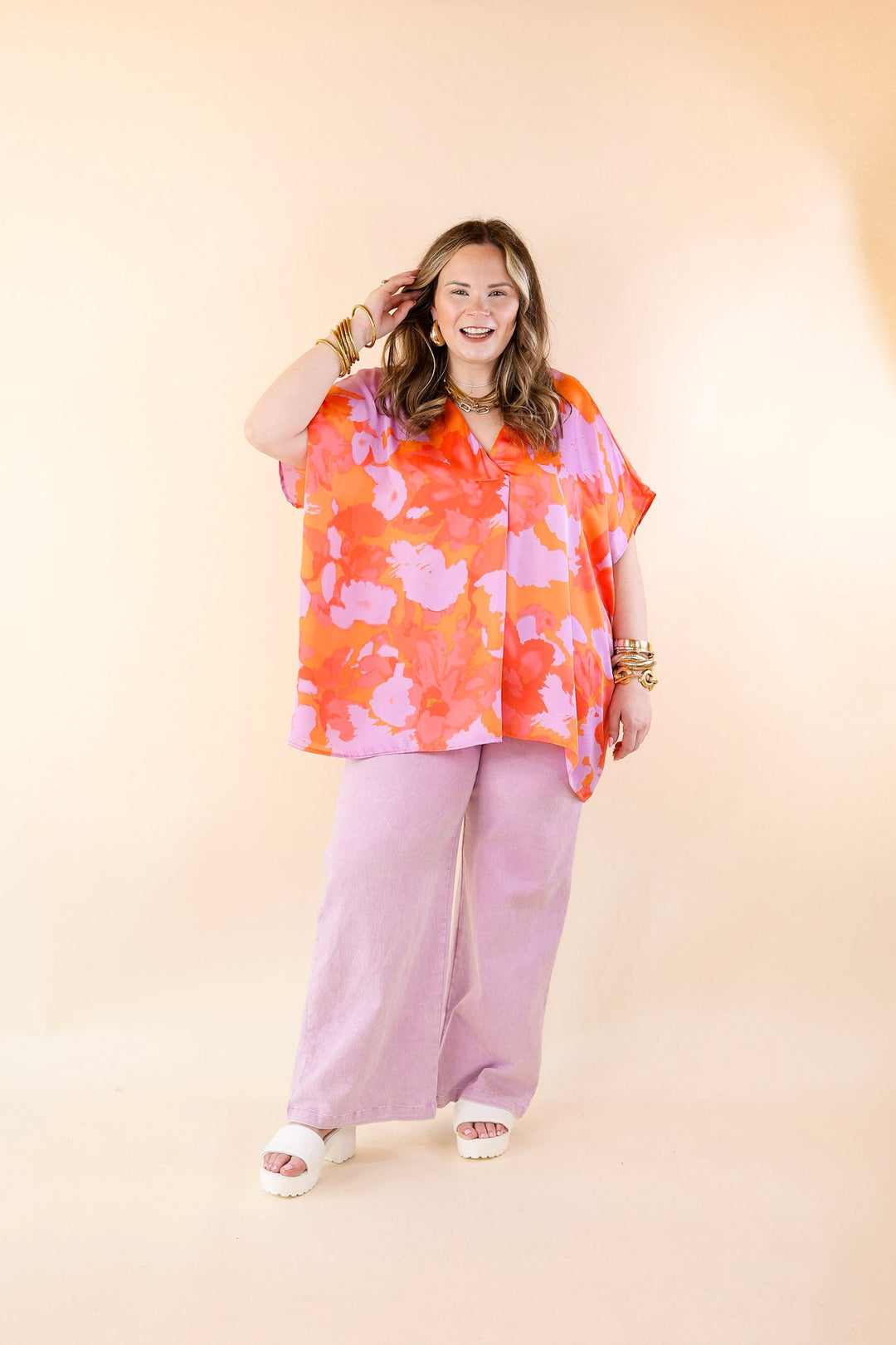 Weekend Out V Neck Short Sleeve Top in Orange and Purple - Giddy Up Glamour Boutique