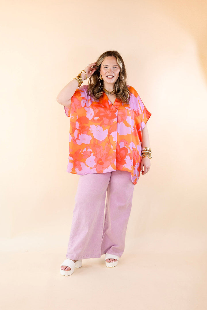 Weekend Out V Neck Short Sleeve Top in Orange and Purple - Giddy Up Glamour Boutique