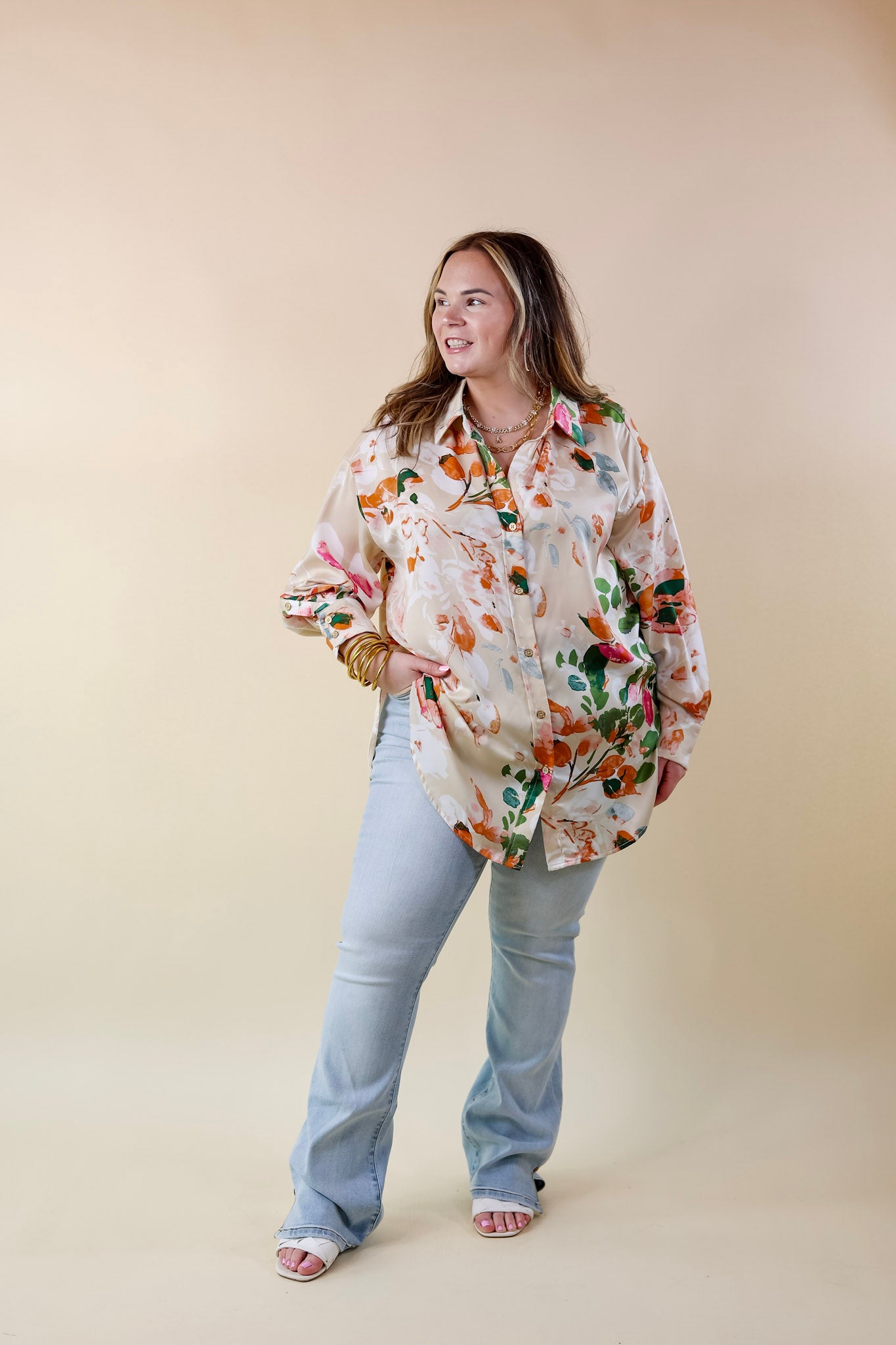 Tell Me Something Good Floral Long Sleeve Button Up Top in Beige - Giddy Up Glamour Boutique