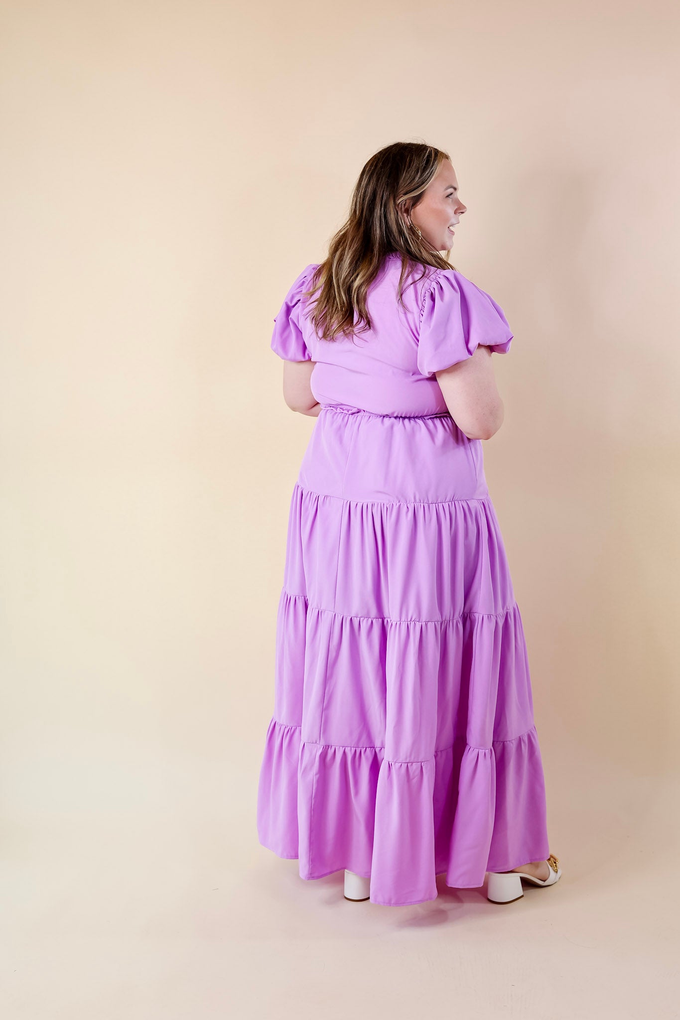 Table for Two Tiered Maxi Dress with Puff Sleeves in Lavender Purple - Giddy Up Glamour Boutique