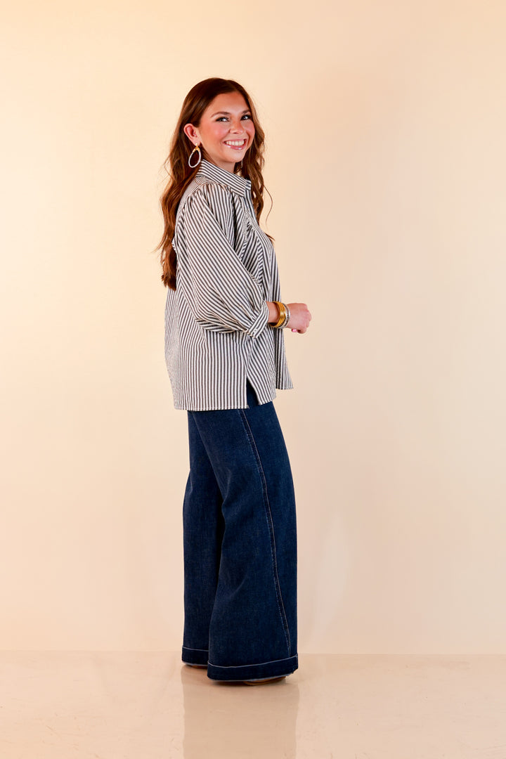 Crisp and Collected Stripe Button Front Collared Top with Puff Short Sleeves in Black and White