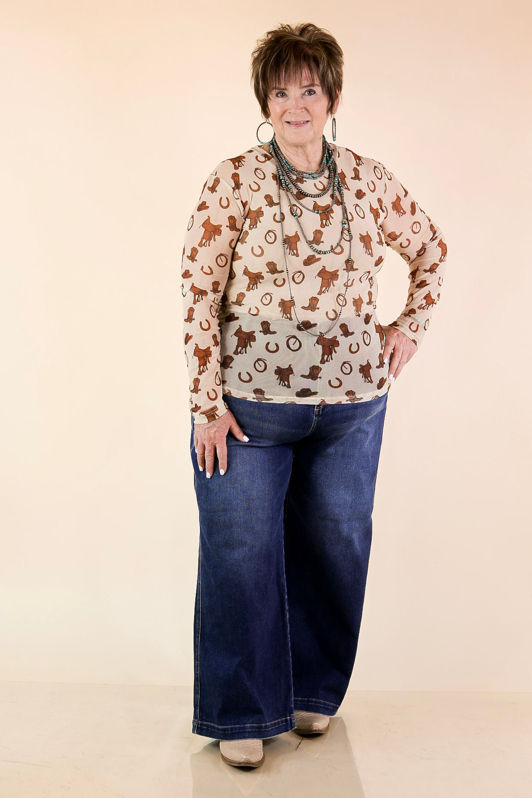 The Perfect Layer Western Icons Print Mesh Long Sleeve Top in Cream and Brown