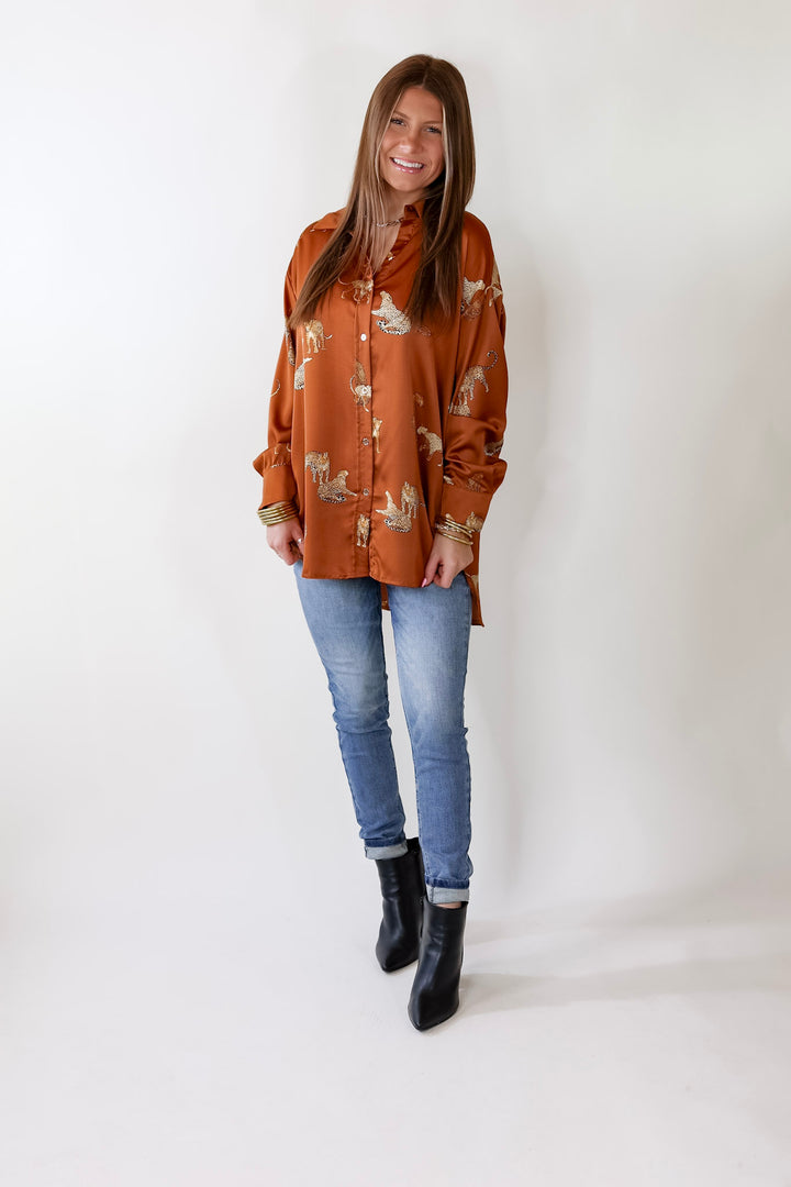 Tell Me Something Good Cheetah Print Long Sleeve Button Up Top in Camel Brown - Giddy Up Glamour Boutique