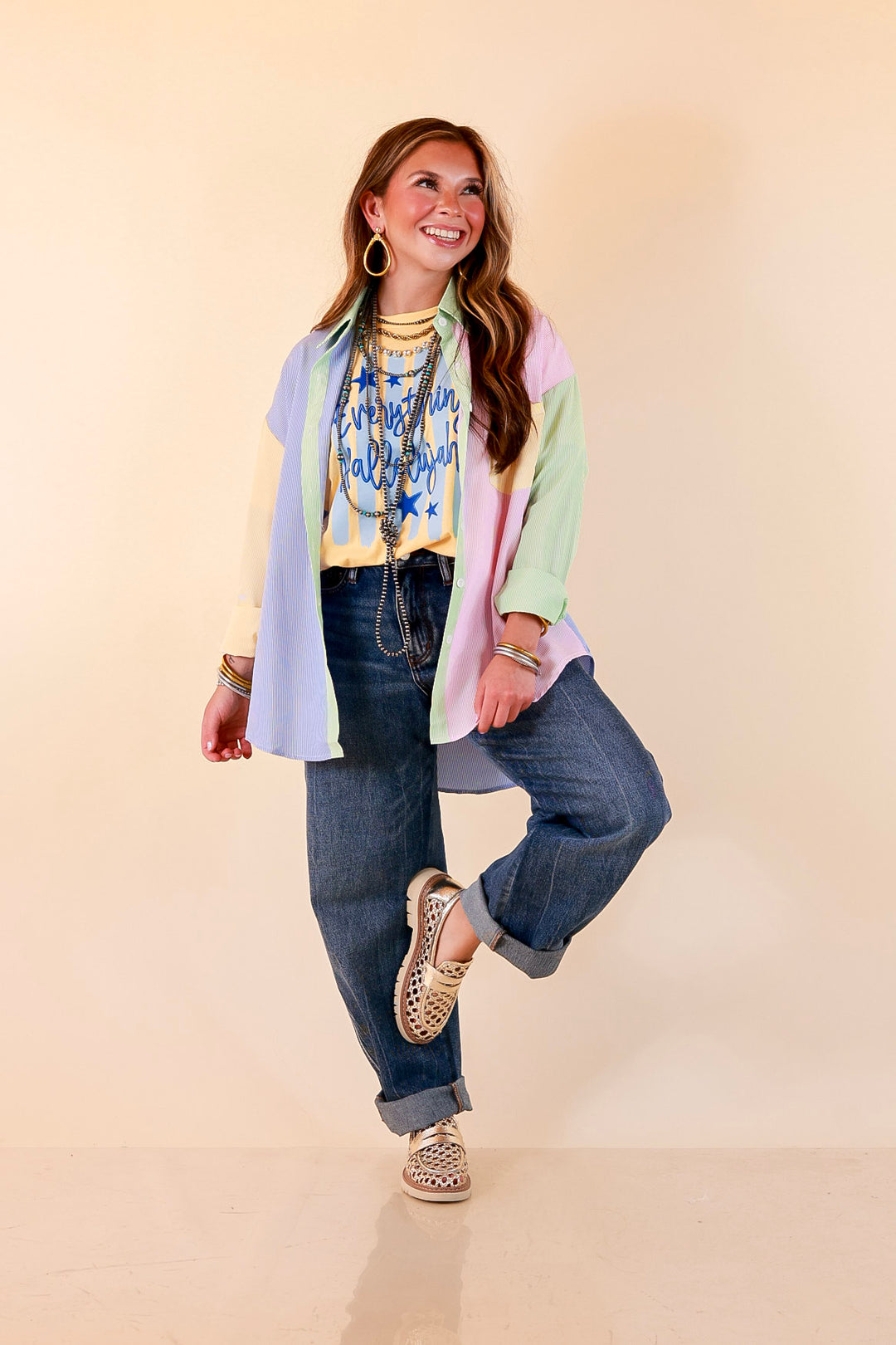 GUG Original | Sweet Harmony Long Sleeve Button Down Color Block Pinstripe Shirt in Bright Mix