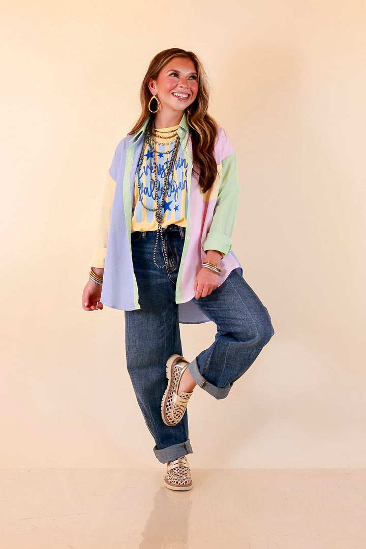 GUG Original | Sweet Harmony Long Sleeve Button Down Color Block Pinstripe Shirt in Bright Mix