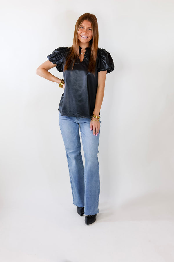 Replay The Night Faux Leather Top with Short Balloon Sleeves in Black
