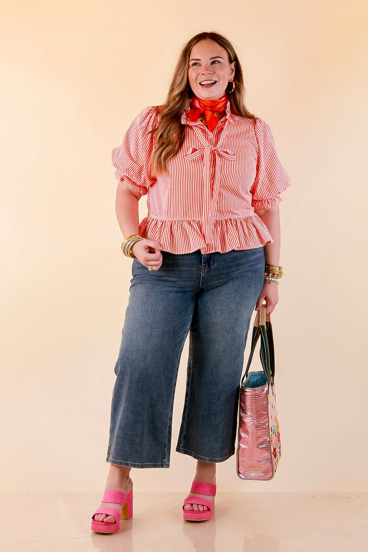 Tea Time Charm Tie Neck Puff Sleeve Peplum Button Front Stripe Blouse in Orange