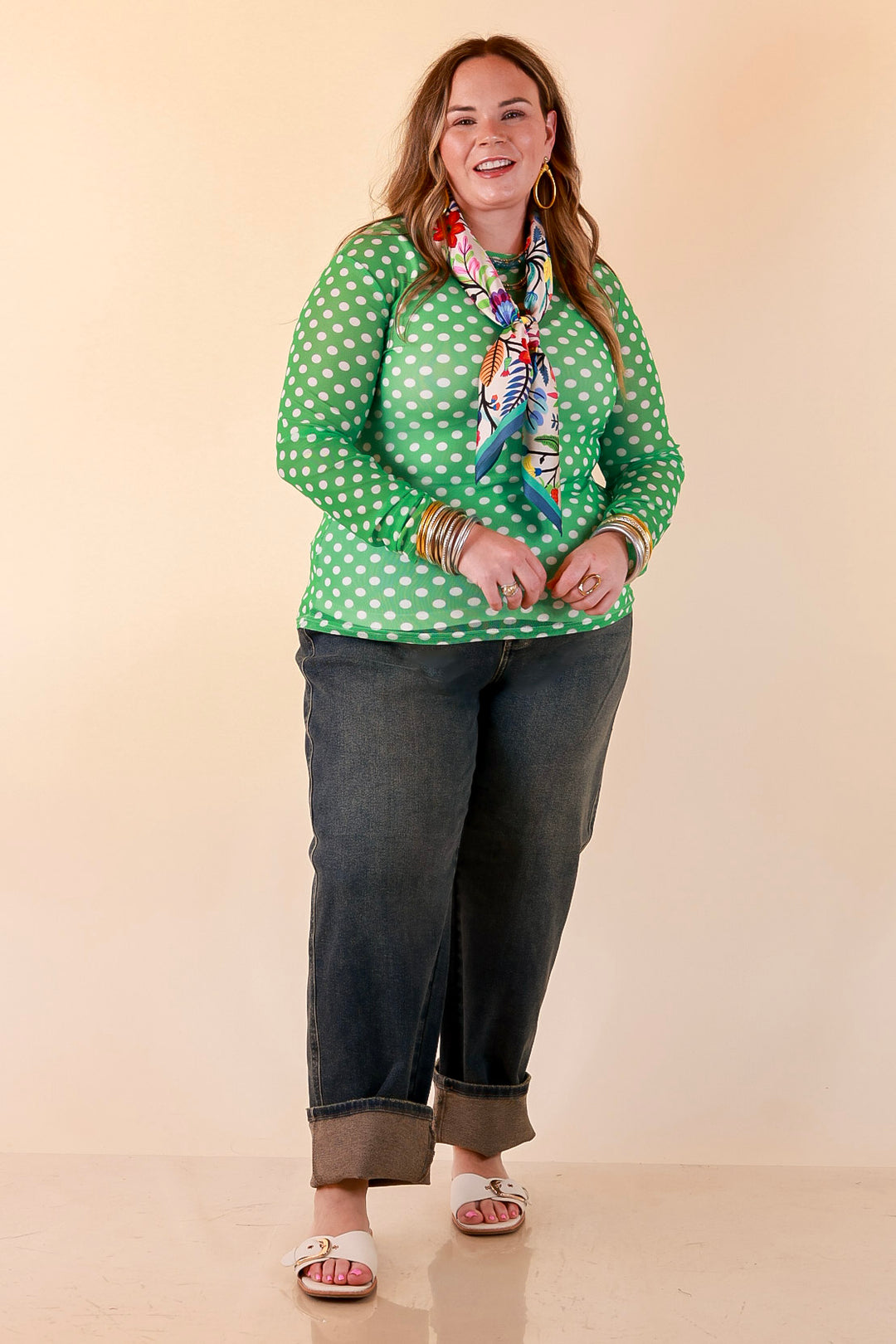 The Essential Layer Polka Dot Print Sheer Mesh Long Sleeve Top in Kelly Green