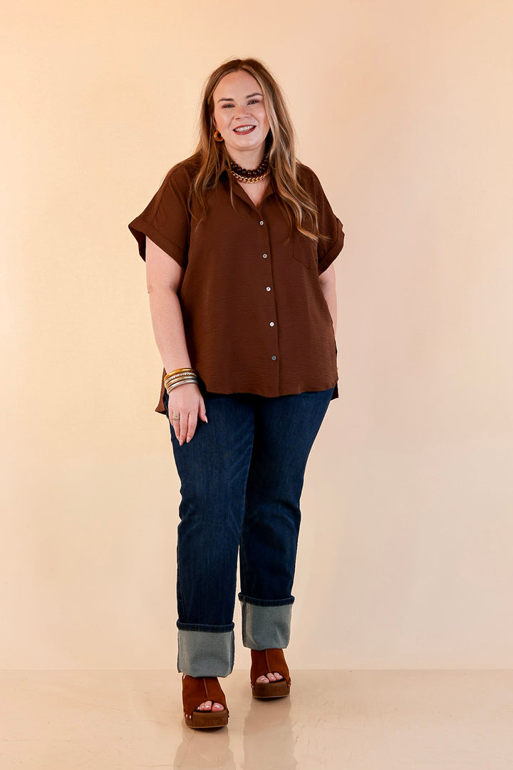 Timeless Appeal Woven Airflow Button Front Top with Rolled Cuff Short Sleeves and Front Pocket in Chocolate Brown