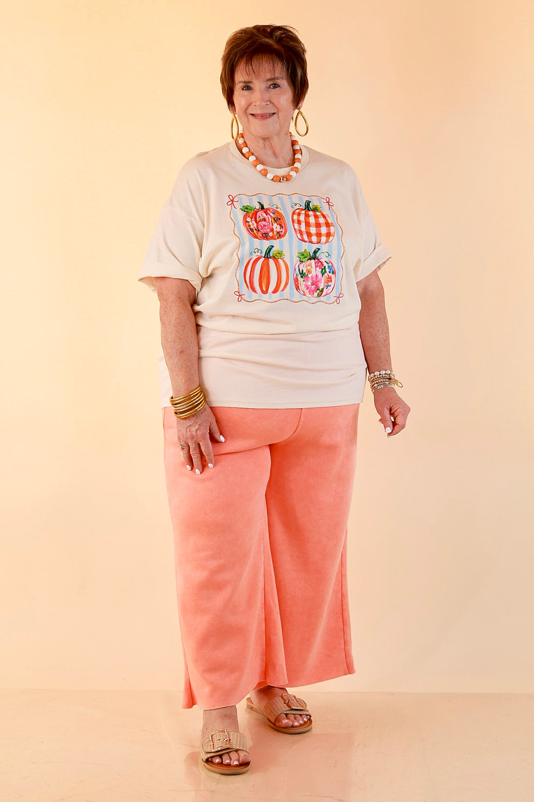 Prettiest in the Patch Stripe and Pumpkin Fall Graphic Tee in Natural