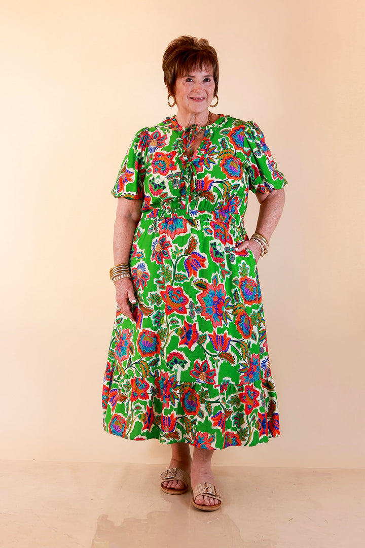 Color Me Happy Floral Print Midi Dress with Tie Neckline and Puff Sleeves in Green