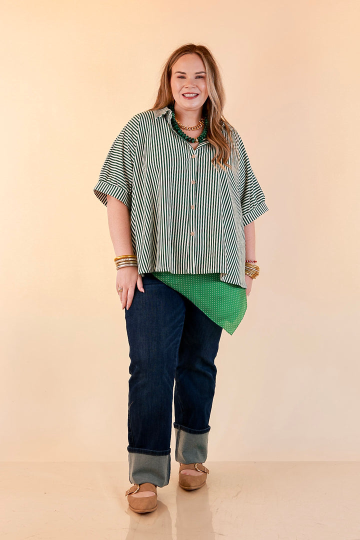 Perfectly Aligned Button Down Collared Top with Vertical Ivory Stripe Detail in Forest Green