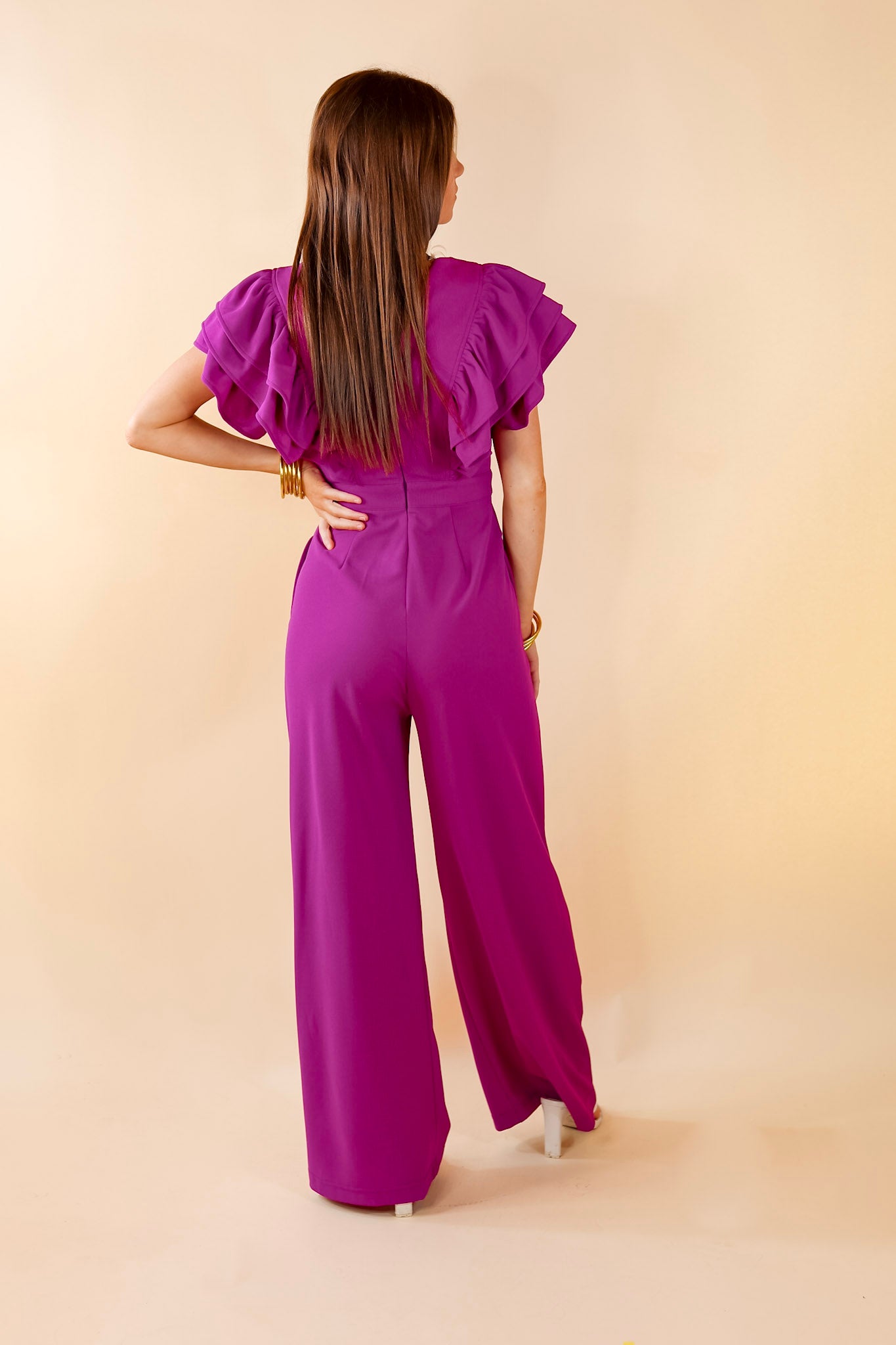 Superstar Style V Neck Jumpsuit with Ruffle Sleeves in Magenta Purple - Giddy Up Glamour Boutique