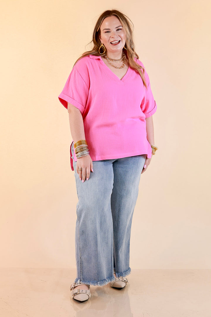 Quite Appropriate Short Sleeve Collared V Neck Linen Top with Rolled Sleeve Detail in Pink