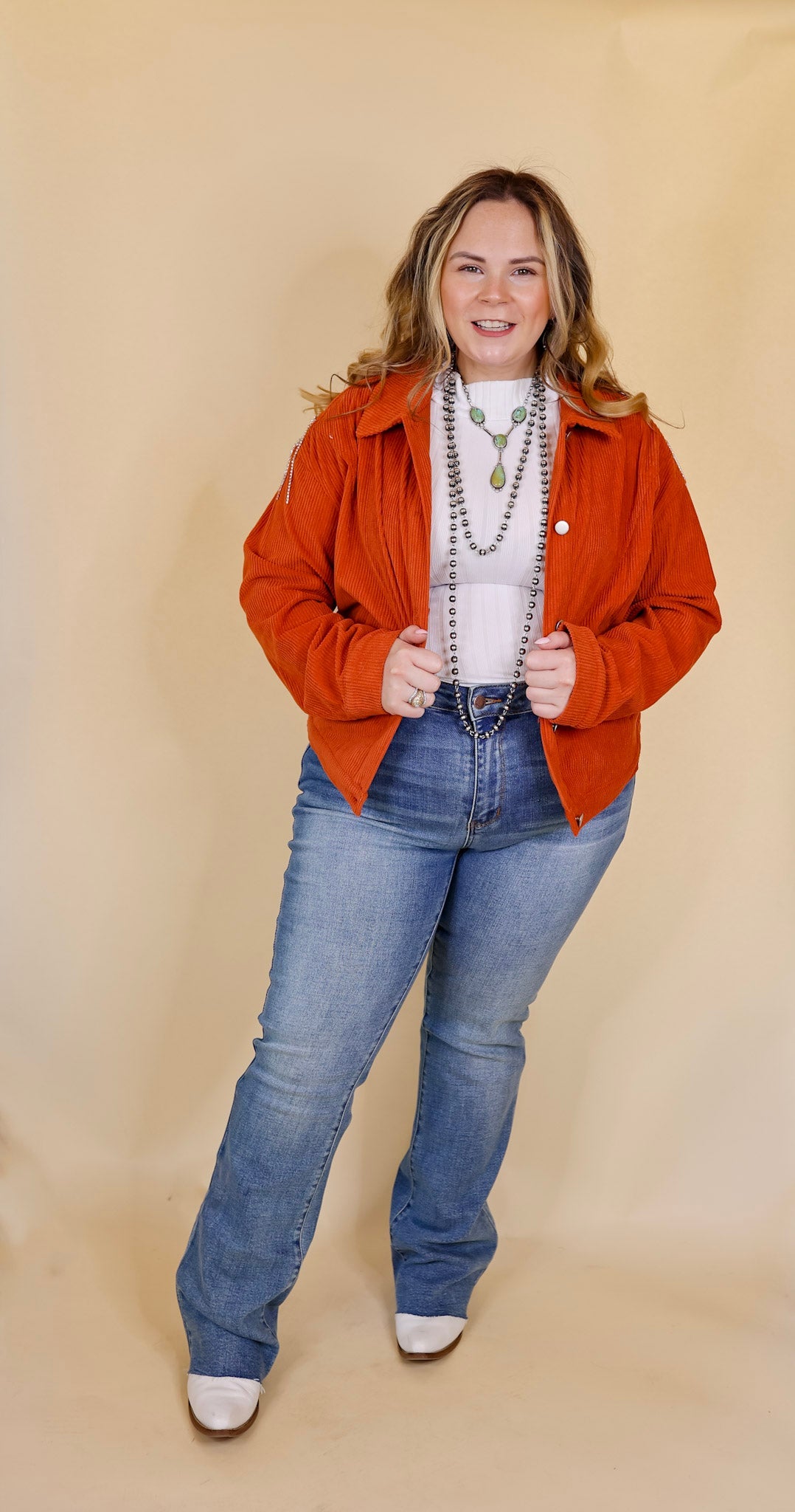 Signature Moves Button Up Corduroy Jacket with Crystal Fringe Back in Rust Orange - Giddy Up Glamour Boutique