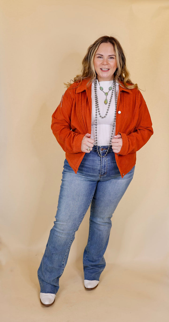 Signature Moves Button Up Corduroy Jacket with Crystal Fringe Back in Rust Orange - Giddy Up Glamour Boutique