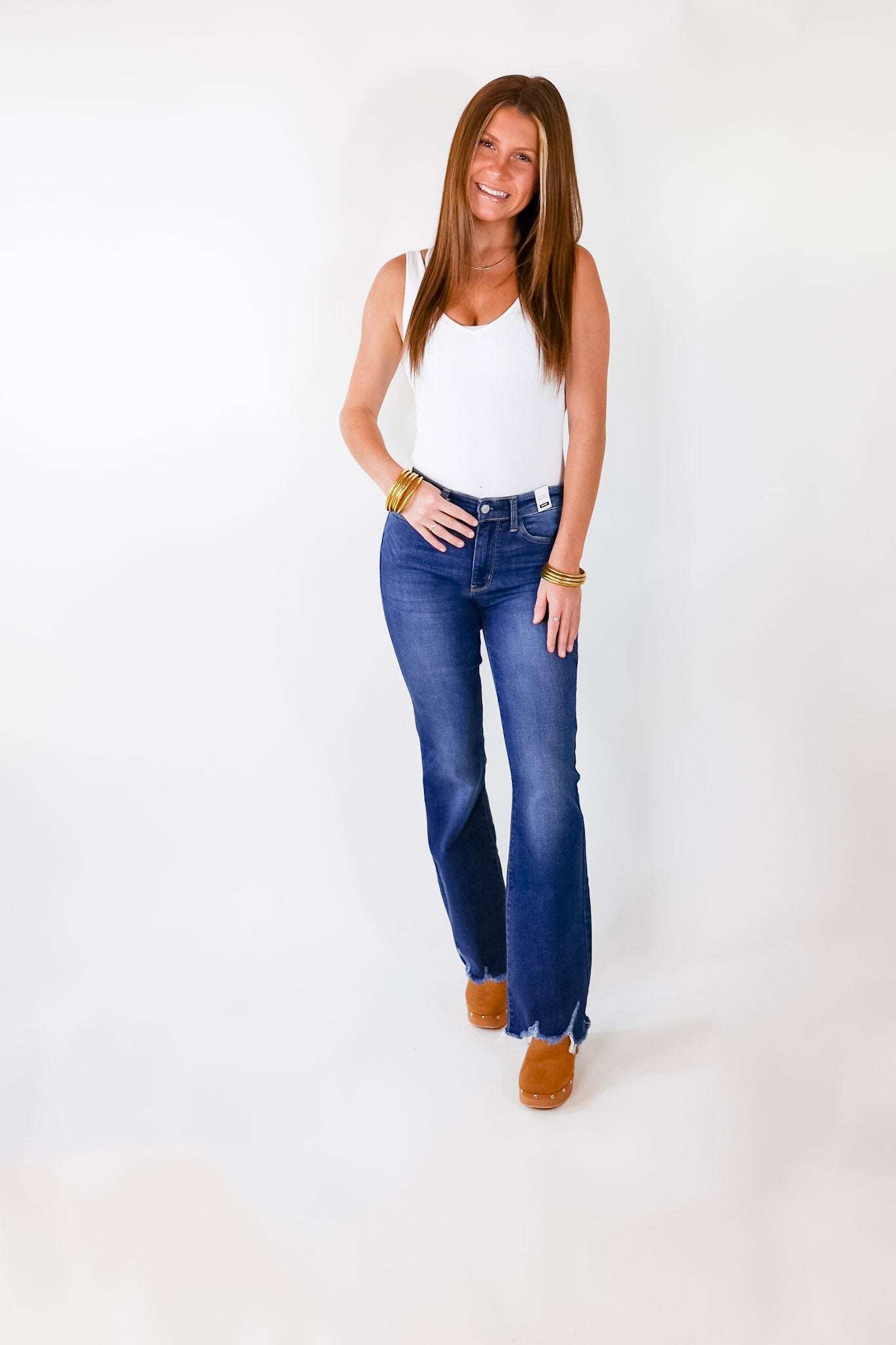 Judy Blue | Meet Your Destiny Distressed Hem Bootcut Jeans in Dark Wash - Giddy Up Glamour Boutique