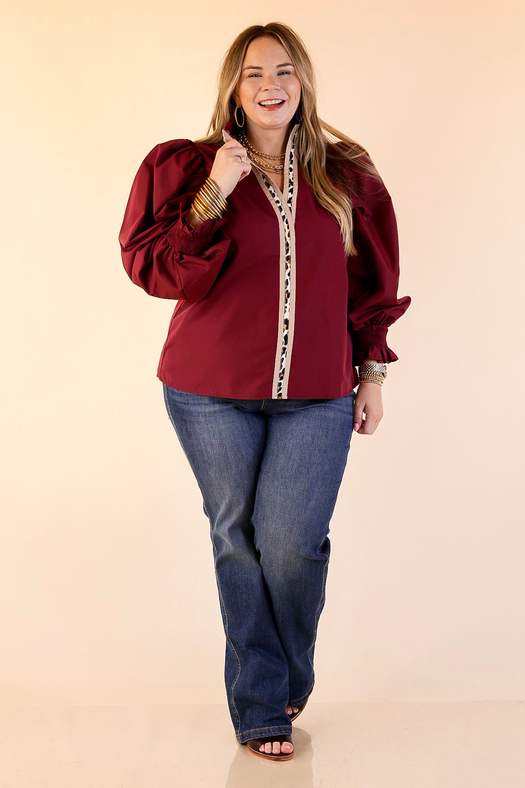 Trimmed in Style Puff Long Sleeve Blouse with Contrast Leopard Trim and Ruffle in Maroon