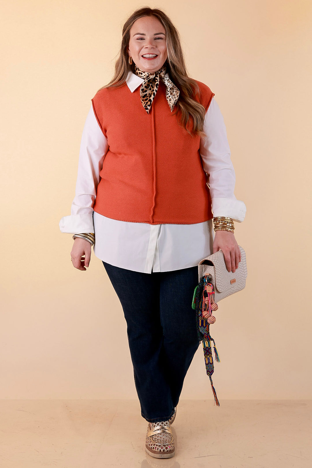 Always a Favorite Crew Neck Front Seam Sweater Knit Top in Rust Orange