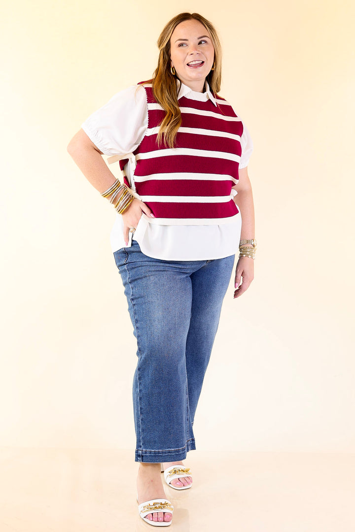 Tied Up in Style Knit Sweater with Side Ties in Maroon with Off White Stripes