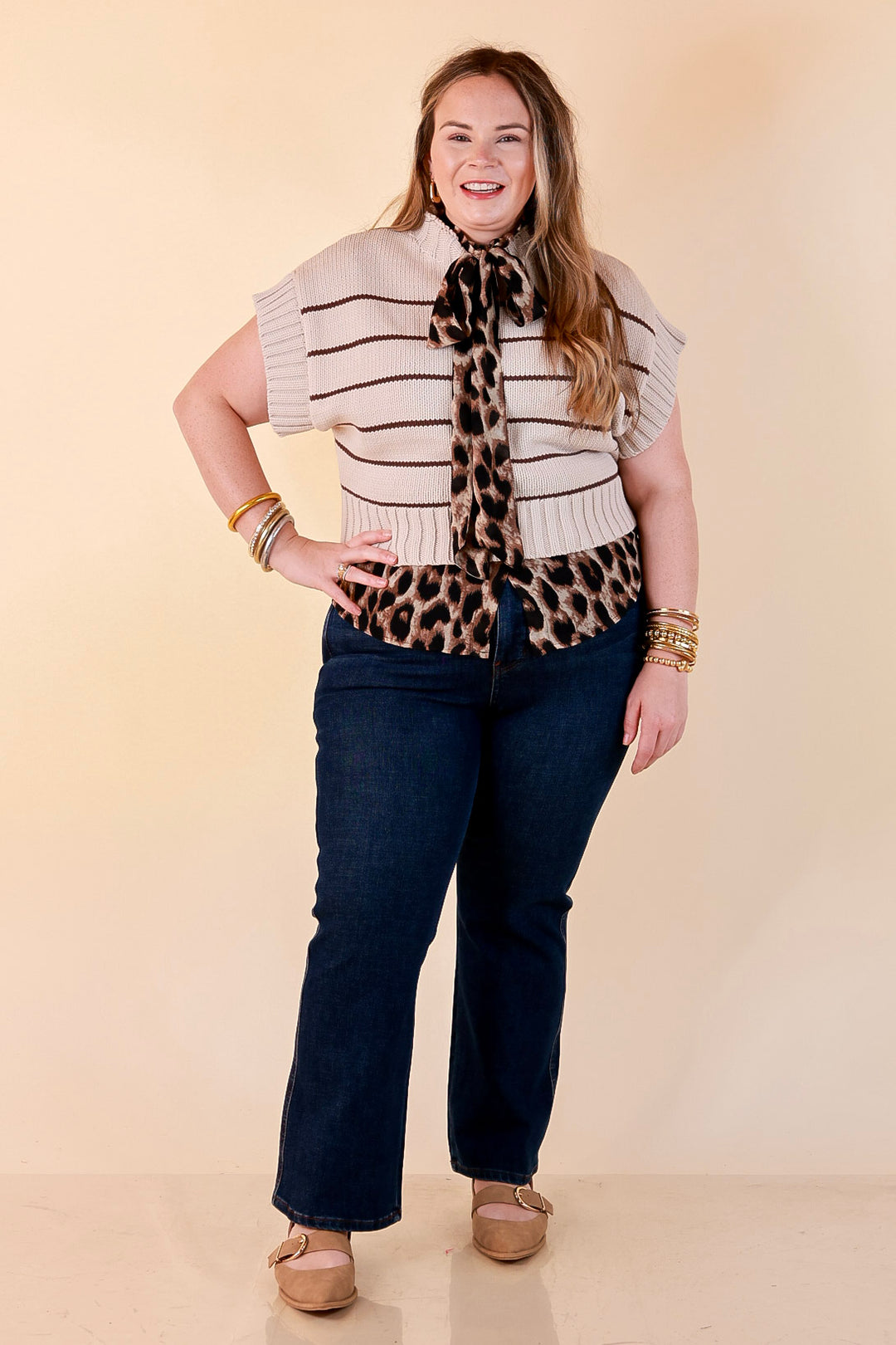 Wild at Heart Bowtie Button Up Mesh Blouse Top with Statement Tie in Leopard Print