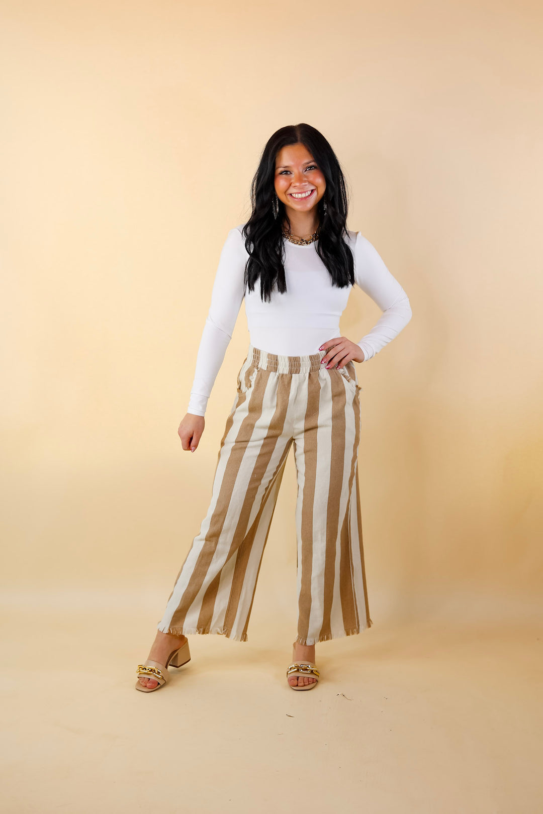 Right On Cue Elastic Waistband Striped Cropped Pants with Frayed Hem in Taupe - Giddy Up Glamour Boutique