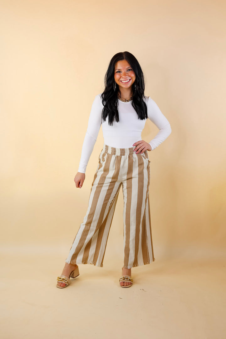 Right On Cue Elastic Waistband Striped Cropped Pants with Frayed Hem in Taupe - Giddy Up Glamour Boutique