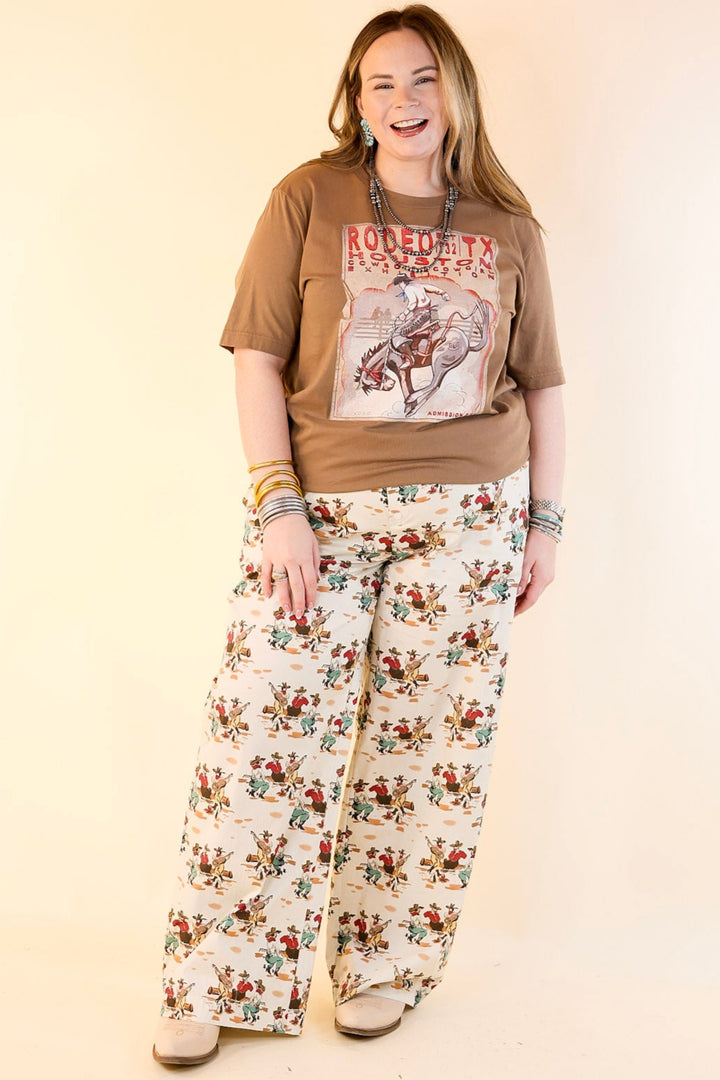 Newest Trend Cowboy Print Cotton Pants with Elastic Waistband in Ivory