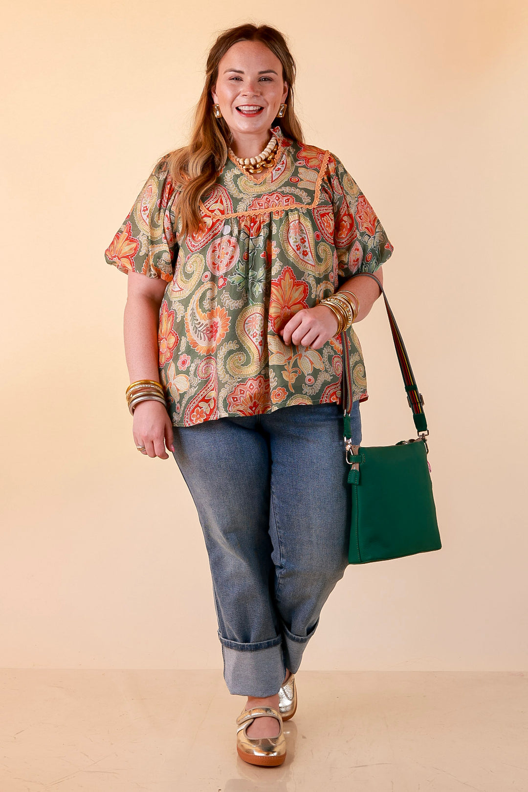 Blooming Days Ahead Paisley Print V Neck Blouse with Puff Sleeves, Ruffle Trim Collar and Lace Trim Yoke in Olive Green Mix