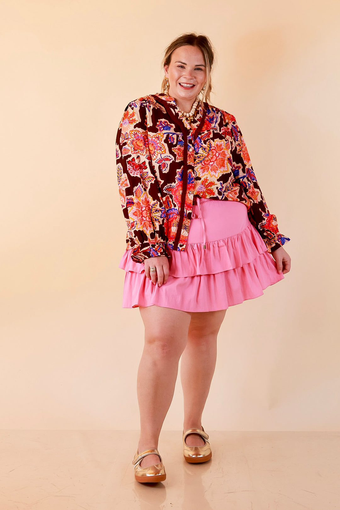 Petal Pop Floral Print Ruffle Front Button Up Long Sleeve Top with Balloon Sleeves in Coco Brown