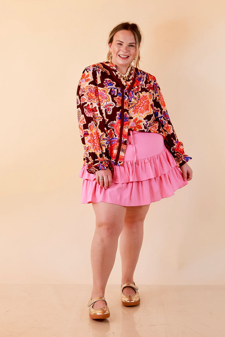 Petal Pop Floral Print Ruffle Front Button Up Long Sleeve Top with Balloon Sleeves in Coco Brown