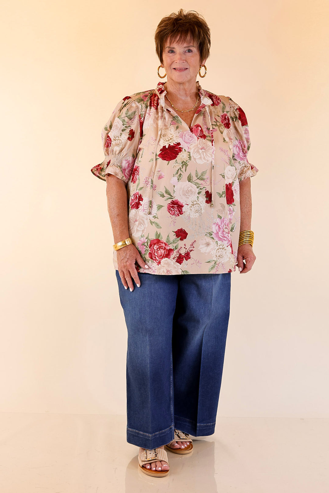 Freshly Picked Floral Print Top with Short Puff Sleeves in Beige