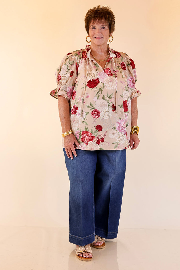 Freshly Picked Floral Print Top with Short Puff Sleeves in Beige